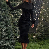 Abito midi da donna con vita alta, aderente, retrò, in rete con piume e cuciture