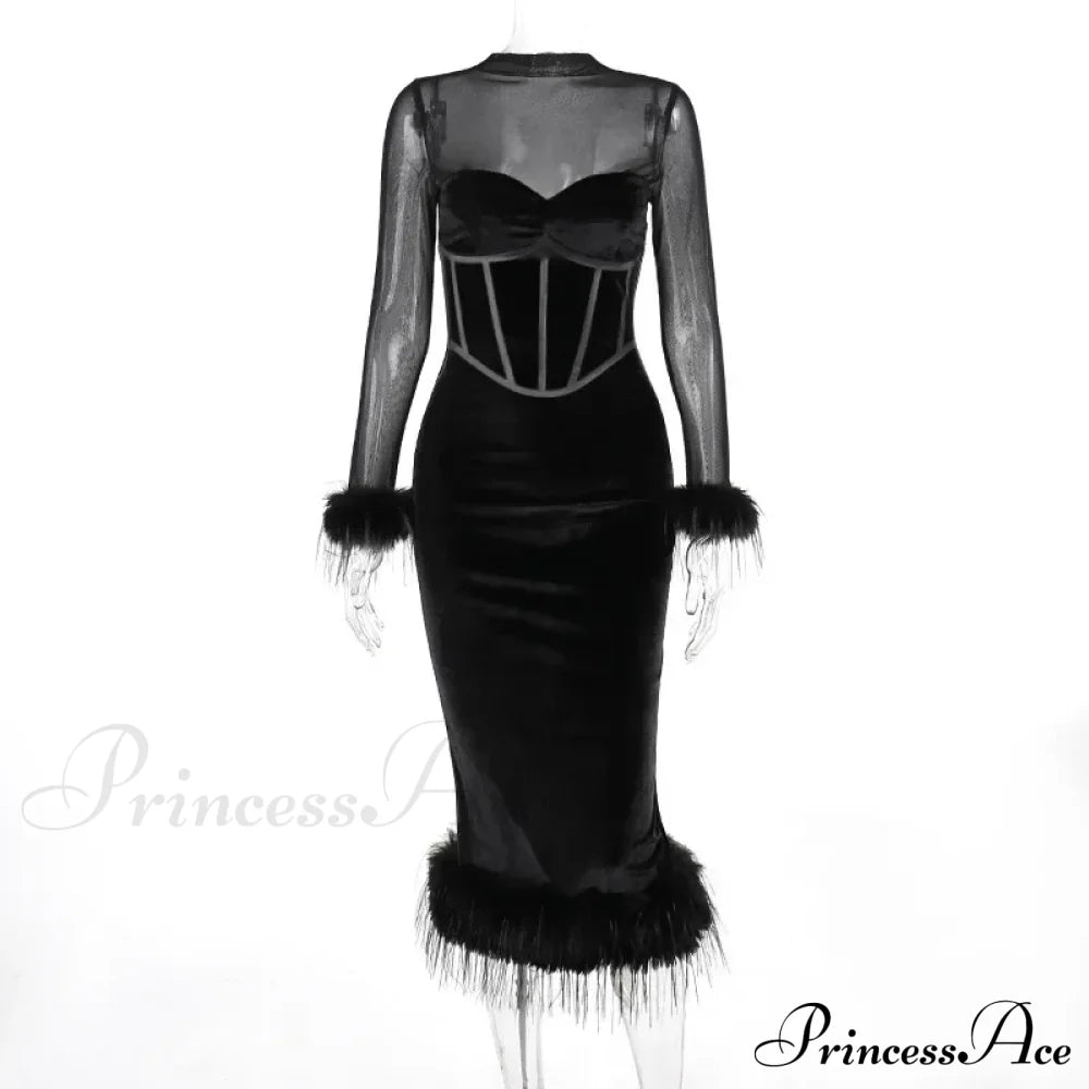 Abito midi da donna con vita alta, aderente, retrò, in rete con piume e cuciture