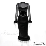 Abito midi da donna con vita alta, aderente, retrò, in rete con piume e cuciture