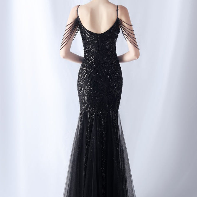 Abito lungo da cocktail in rete con perline