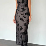 Abito lungo aderente senza maniche in rete floccata