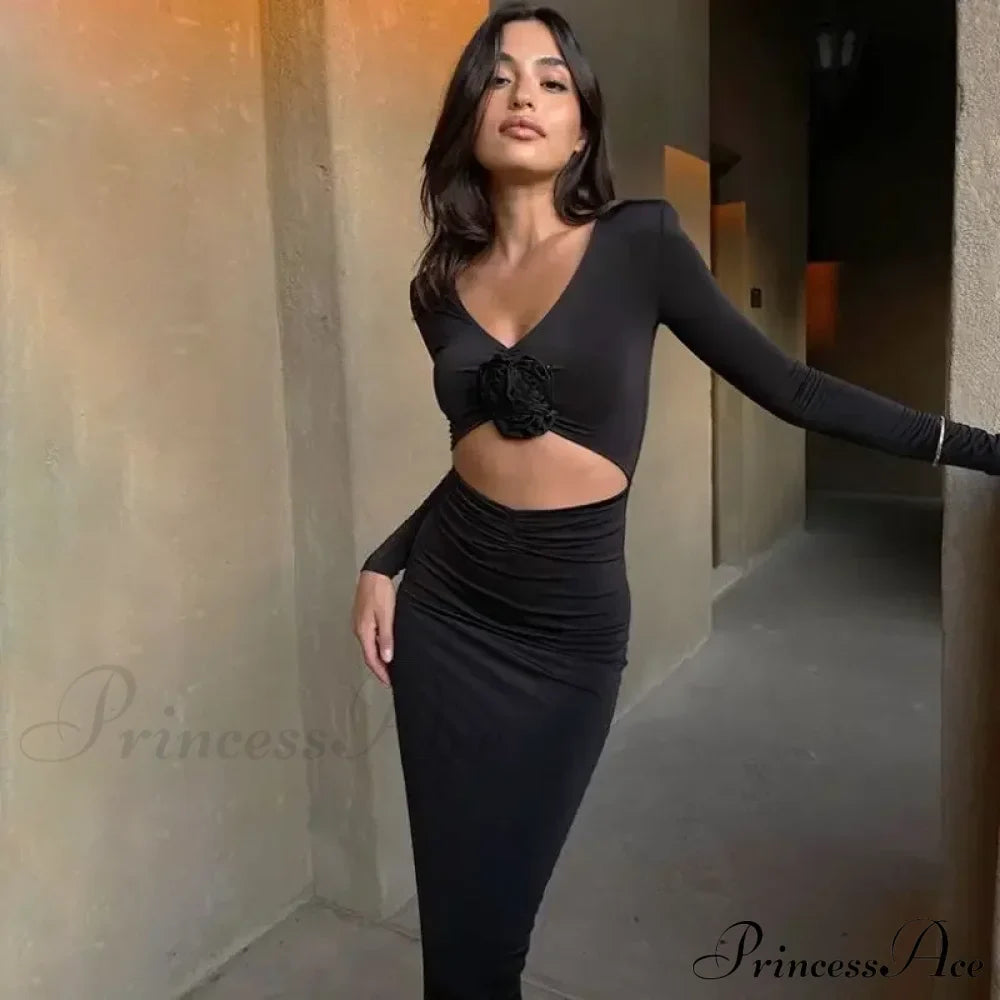 Vestito midi sexy a maniche lunghe con scollo a V e scollo a V floreale da donna