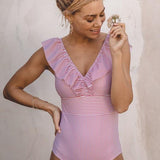 Costume intero da donna – Taglio aderente – Volant – Righe verticali – Tessuto traspirante