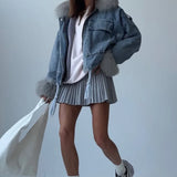 Giacca larga da strada in denim fuzzy con tasche grandi