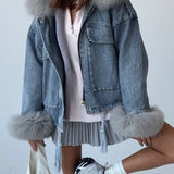Giacca larga da strada in denim fuzzy con tasche grandi