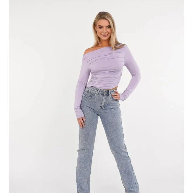 Pantaloni da donna - Vita alta - Gamba larga - Motivo a rombi con rivetti - Stile elegante