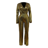 Tuta da donna - Scollo a V, maniche lunghe - Gamba larga - Finitura metallizzata lucida