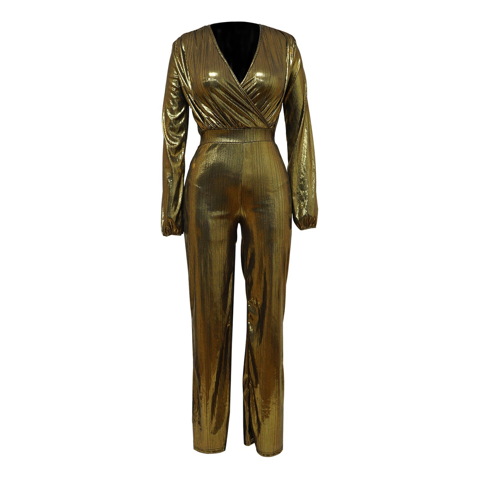 Tuta da donna - Scollo a V, maniche lunghe - Gamba larga - Finitura metallizzata lucida