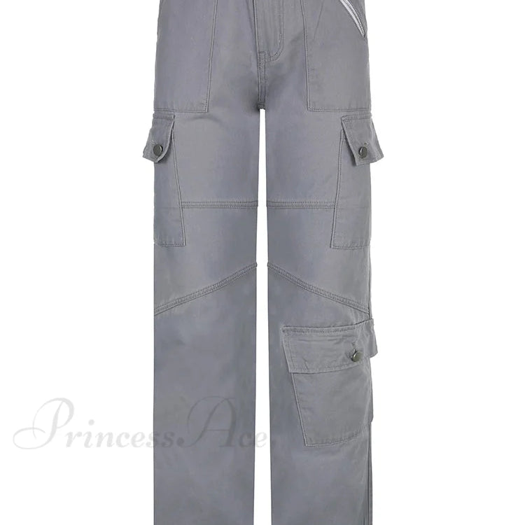 Pantaloni cargo grigi casual con tasche cucite