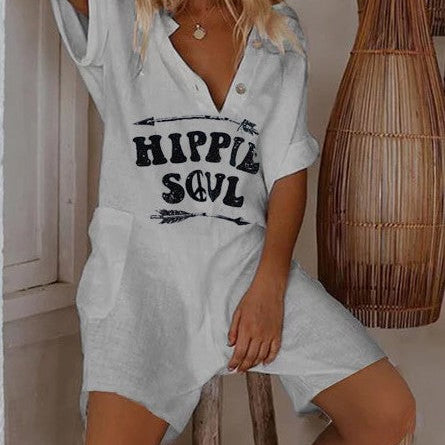 Tuta da donna con bottoni - Stampa hippie - Maniche corte - Vestibilità comoda