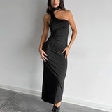 Abito maxi elegante aderente con volant allacciato alla caviglia