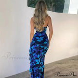 Abito midi alla moda con spacco stampato, volant, allacciatura all'americana