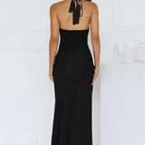 Abito da festa aderente, lungo e attillato, con scollo a V e spacco