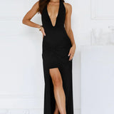 Abito da festa aderente, lungo e attillato, con scollo a V e spacco