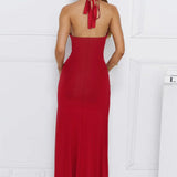 Abito da festa aderente, lungo e attillato, con scollo a V e spacco