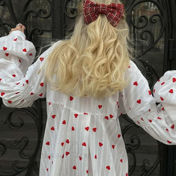 Abito in cotone con maniche a sbuffo e stampa a cuore