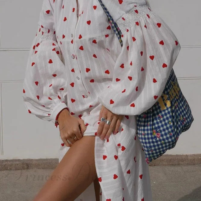 Abito in cotone con maniche a sbuffo e stampa a cuore