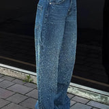 Jeans a gamba dritta con strass a vita alta