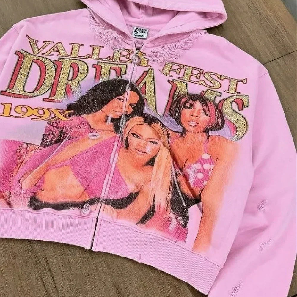 Felpa con cappuccio vintage street edgy con stampa di strass