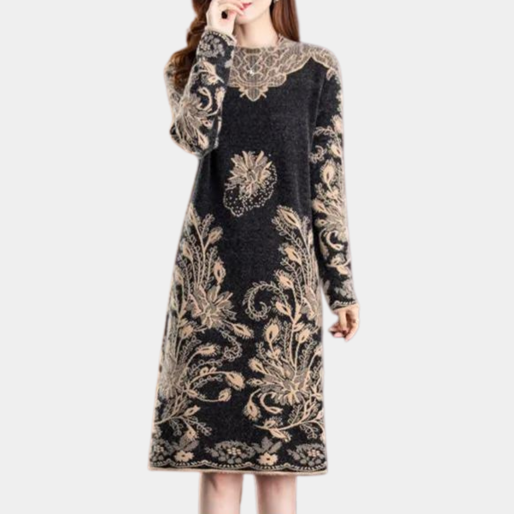 Abito in maglia da donna - Taglio medio - Maniche lunghe - Elegante motivo floreale