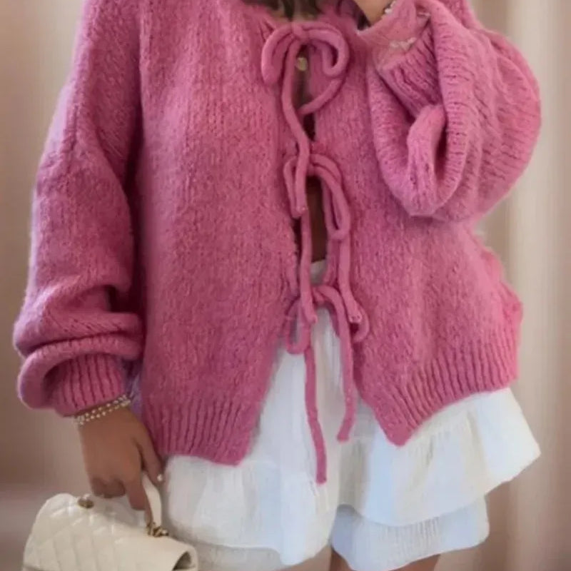 Cardigan da donna – Vestibilità oversize – Lana morbida – Maniche a palloncino – Nodi bohémien