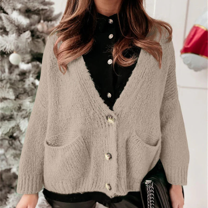 Cardigan da donna – Vestibilità oversize – Maglia morbida – Scollo a V – Abbottonatura – Tasche anteriori