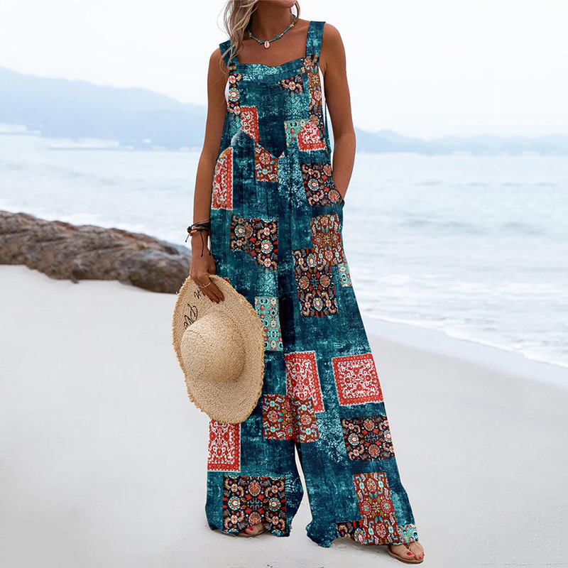 Tuta da donna – Taglio ampio e fluido – Motivo patchwork – Spalline – Chiusura frontale con bottoni