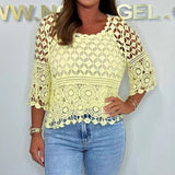 Camicetta da donna – Vestibilità comoda – Maglia all'uncinetto – Orlo smerlato – Maniche a 3/4