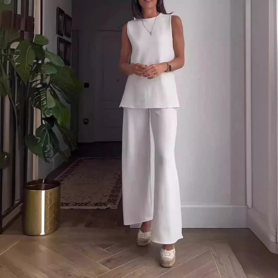 Completo da donna con camicetta senza maniche e pantaloni palazzo – Vestibilità comoda – Cotone morbido