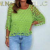 Camicetta da donna – Vestibilità comoda – Maglia all'uncinetto – Orlo smerlato – Maniche a 3/4