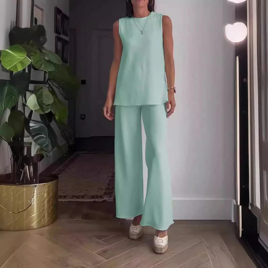 Completo da donna con camicetta senza maniche e pantaloni palazzo – Vestibilità comoda – Cotone morbido