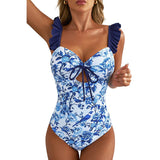 Costume intero da donna – Spalline arricciate – Stampa floreale – Scollatura con intaglio