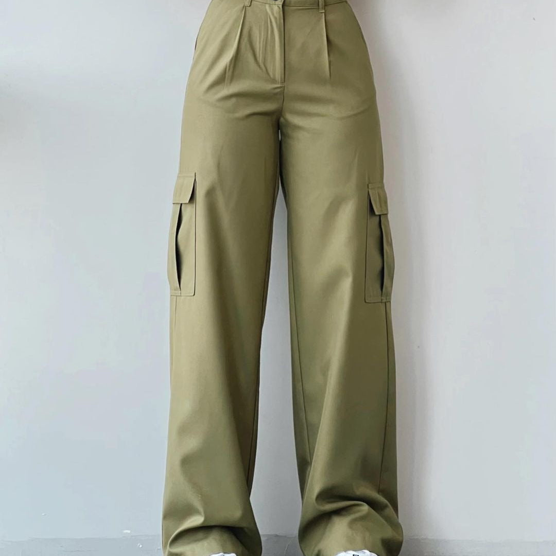 Pantaloni da donna - Cotone - Vita alta - Vestibilità comoda - Gamba dritta - Tasche cargo