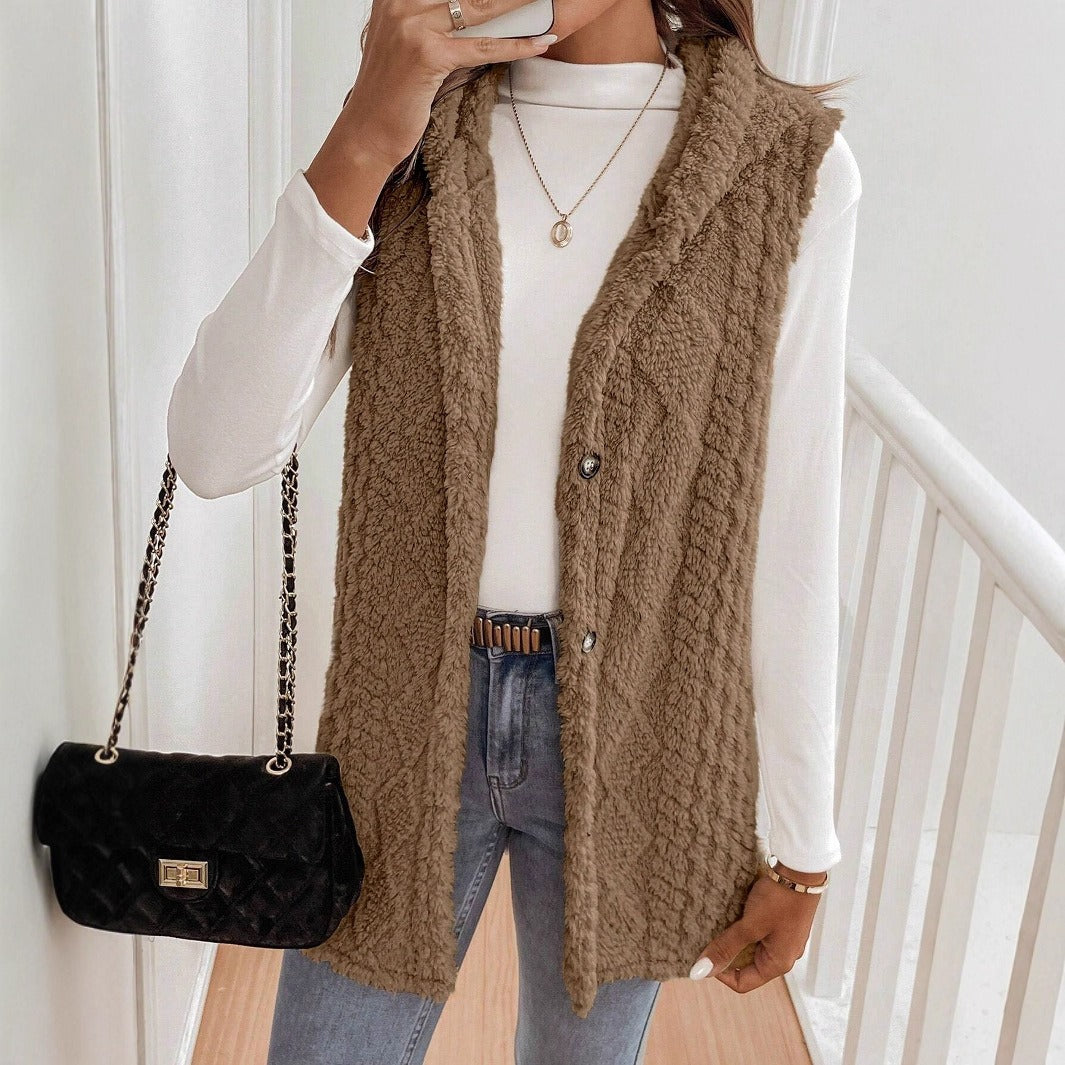 Cardigan gilet da donna – vestibilità comoda – effetto peluche – cappuccio – abbottonato