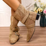 Stivaletti da donna – Pelle scamosciata – Punta affusolata – Cinturino con fibbia – Comodo tacco basso