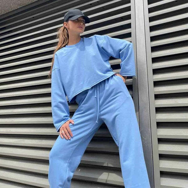 Completo sportivo da donna – Top corto a maniche lunghe – Pantaloni con elastico in vita