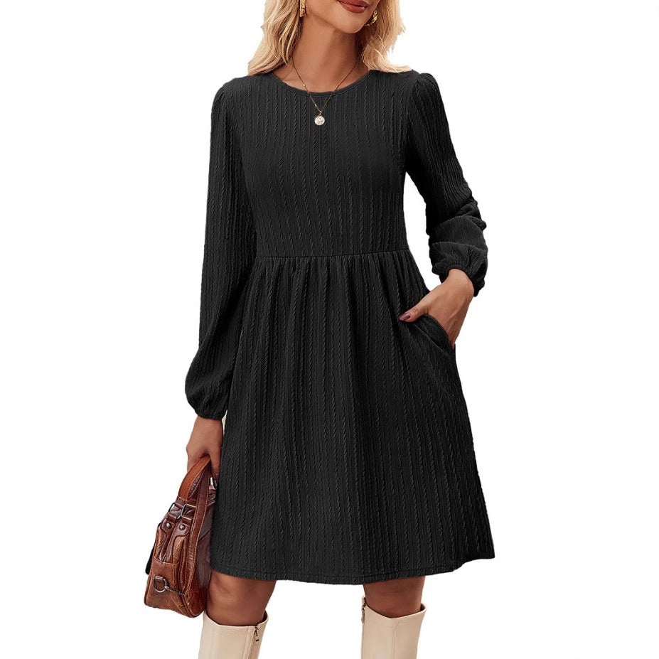 Abito in maglia da donna – Taglio svasato – Maniche lunghe a sbuffo – Scollo rotondo jacquard