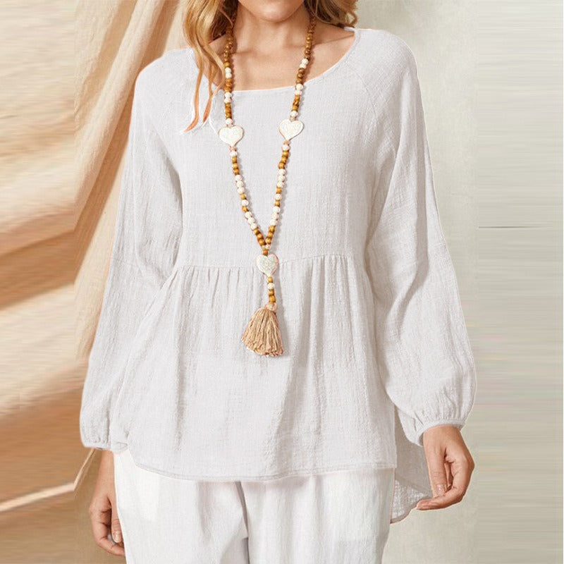 Camicia babydoll da donna – Vestibilità ampia – Maniche a lanterna – Cotone e lino – Scollo tondo