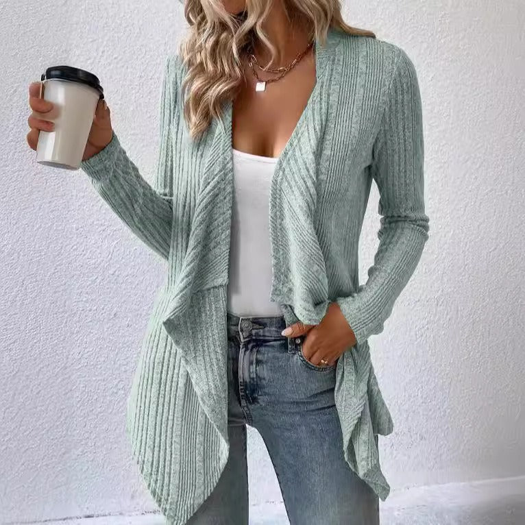 Cardigan lungo da donna – Vestibilità comoda – Maglia a coste – Parte anteriore aperta e fluida