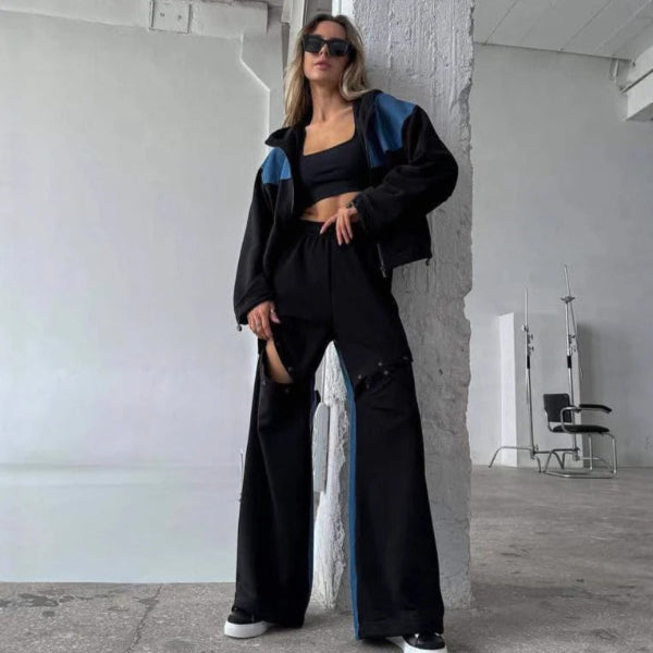 Completo da casa da donna – Felpa con cappuccio corta e zip – Pantaloni a gamba larga con elastico in vita – Morbido cotone