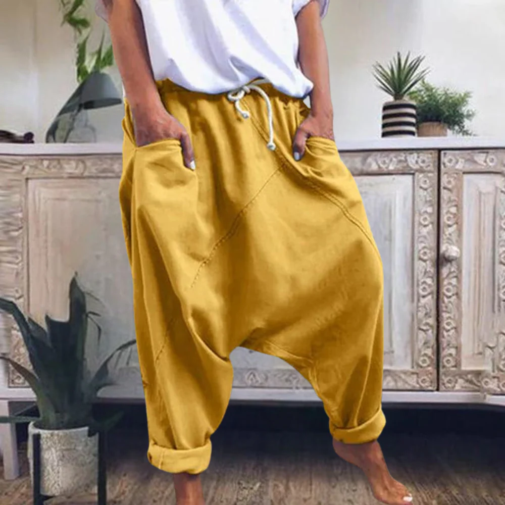 Pantaloni harem da donna – Cotone traspirante – Vestibilità ampia – Coulisse in vita – Gambe affusolate