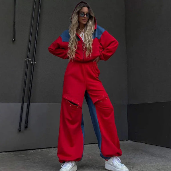 Completo da casa da donna – Felpa con cappuccio corta e zip – Pantaloni a gamba larga con elastico in vita – Morbido cotone