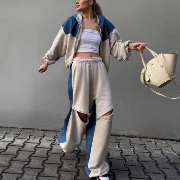 Completo da casa da donna – Felpa con cappuccio corta e zip – Pantaloni a gamba larga con elastico in vita – Morbido cotone