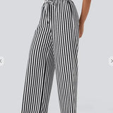 Pantaloni larghi da donna – Vita alta – Lino leggero – A righe – Coulisse regolabile