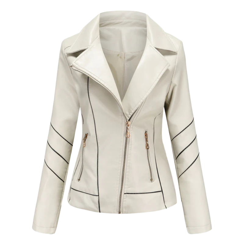 Giacca in pelle da donna – Taglio aderente – Cerniera asimmetrica – Collo a tacca – Stile biker