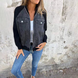 Giacca in denim da donna – Vestibilità oversize – Patchwork – Bottoni – Tasche anteriori
