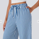 Pantaloni larghi da donna – Vita alta – Lino leggero – A righe – Coulisse regolabile