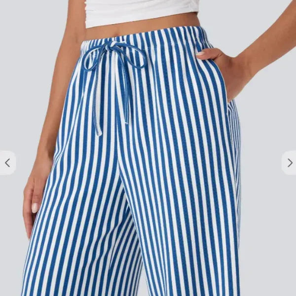 Pantaloni larghi da donna – Vita alta – Lino leggero – A righe – Coulisse regolabile