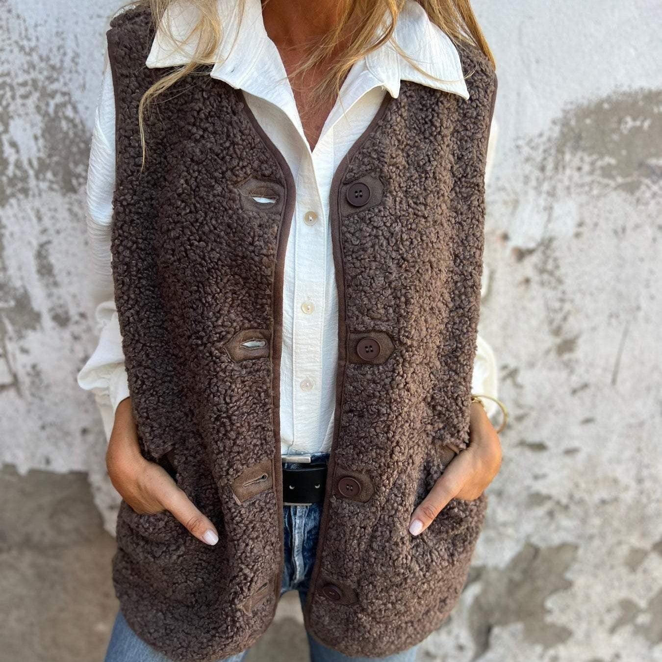 Cardigan da donna – Vestibilità rilassata – Pile effetto pelle di pecora – Bottoni sul davanti