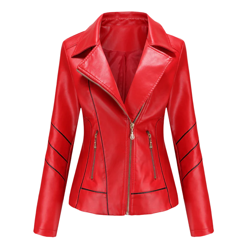 Giacca in pelle da donna – Taglio aderente – Cerniera asimmetrica – Collo a tacca – Stile biker
